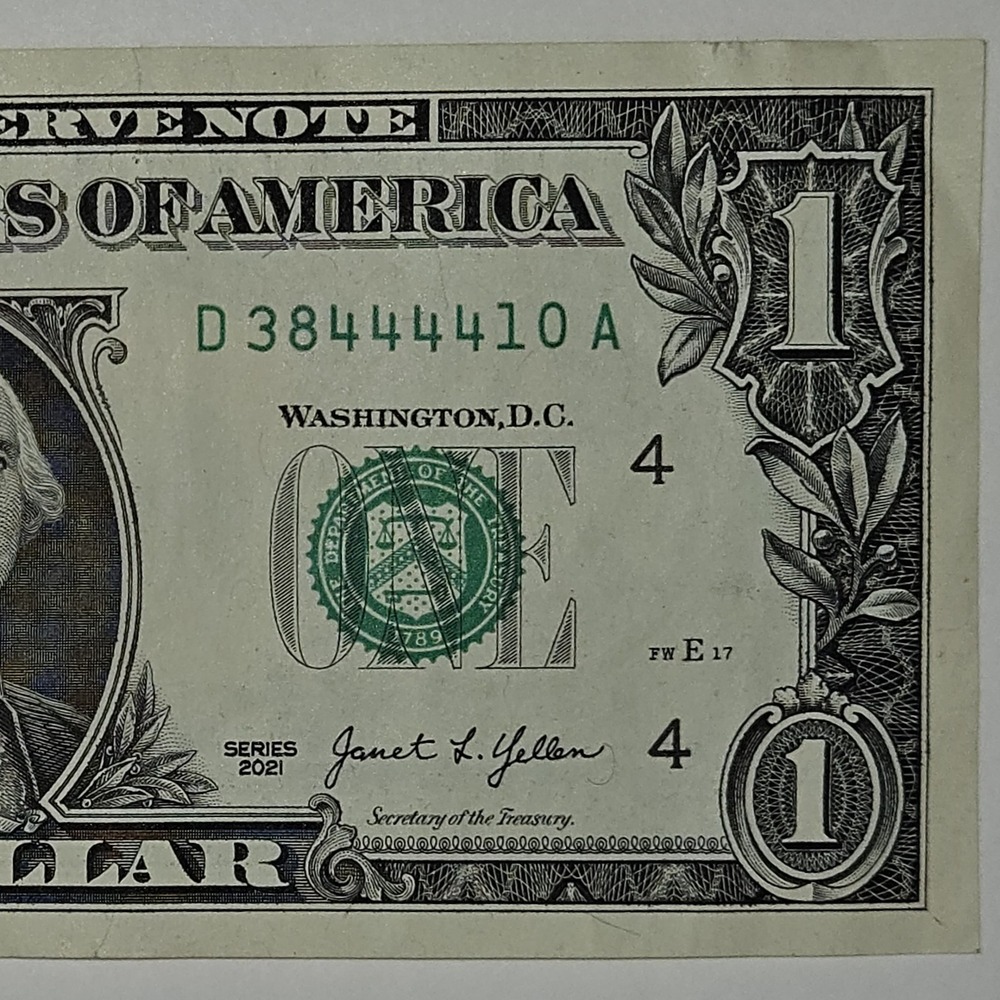 Series 2021 One Dollar Bill Fancy Quad Note D38444410A Cleveland District (B256)